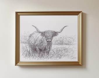 Original Highland Cow Sketch: Biro Pen Scribble Art Drawing, Unframed (8.5x11 Inches)