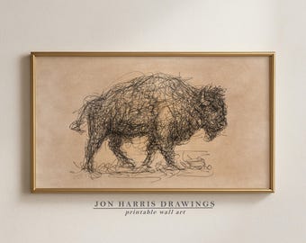 Bison Buffalo for Samsung Frame TV: Rustic Drawing Television Wall Art (Digital Download)