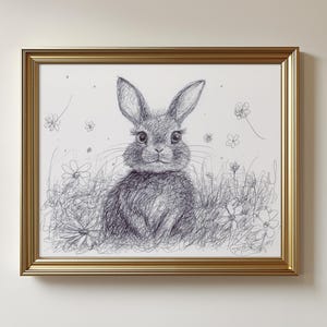 May include: A black and white ink sketch of a rabbit sitting in a field of flowers, enclosed in a rectangular gold-coloured frame. The drawing features detailed linework of the rabbit's fur, long ears, and surrounding floral elements.