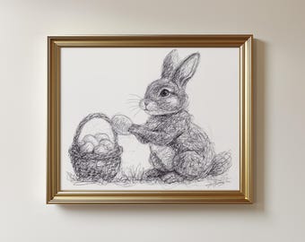 Original Easter Bunny Art: Pen & Ink Nursery Drawing Sketch, Unframed (8.5x11")