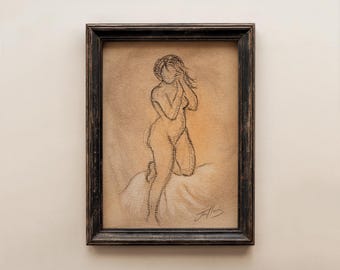 Original Minimal Figure Drawing Sketch: Vintage Nude Art, Charcoal Pencil (Unframed - 5x7)