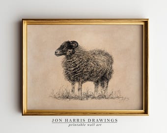 Vintage Ram Drawing Sketch: Farmhouse Decor Pen Art Print (Digital Download)