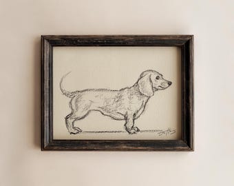 Dachshund Dog Sketch, Minimal Charcoal Drawing, Dachshund Vintage Sketch, Farmhouse Dog Drawing, Dog Sketch (Unframed)