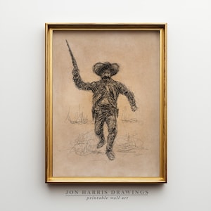 May include: A framed pen and ink drawing of a man in a hat holding a rifle. The artwork is in a gold frame and features the text "JON HARRIS DRAWINGS printable wall art" at the bottom.