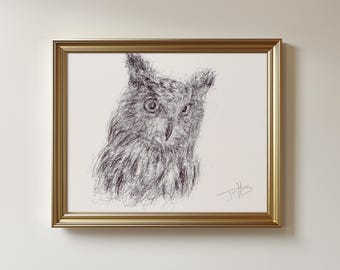 Original Owl Biro Pen Drawing: Unframed Sketch Art (8.5x11 Inches)