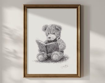 Original Teddy Bear Drawing - Pen & Ink Unframed Sketch Art (8.5 x 11 inches)