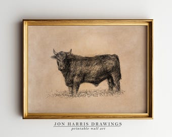 Bull Printable Wall Art: Vintage Pen & Ink Sketch on Textured Background (Digital Download) JSH-280