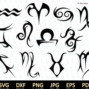 Simboli zodiacali in formato SVG, segni zodiacali in formato SVG, file tagliati dello zodiaco, zodiaco SVG, clipart astrologia, clipart oroscopo, simbolo zodiacale, tribale, JSHcreates