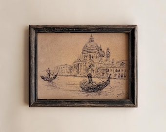 Original Venice Sketch Art: Grand Canal Italy Drawing, Biro Pen & Pastels, (Unframed - 5x7)