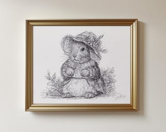 Original Bunny Rabbit Drawing: Vintage Pen Sketch, Unframed (8.5x11")