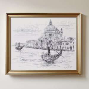 Original Venice Sketch Art: Grand Canal Italy Drawing, Ballpoint Biro Pen, (Unframed) 8.5x11"
