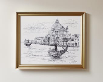 Original Venice Sketch Art: Grand Canal Italy Drawing, Ballpoint Biro Pen, (Unframed) 8.5x11"