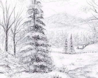 Original Landscape Pen Drawing: Countryside Snow Fields Sketch, Unframed Art (8.5x11 Inches)