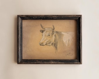 Original Cow Drawing - Pencil & Pastel Unframed Sketch Art (5x7 inches)