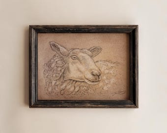 Original Sheep Drawing Sketch: Charcoal & Pastels, Minimal Vintage Art, Unframed - 5x7