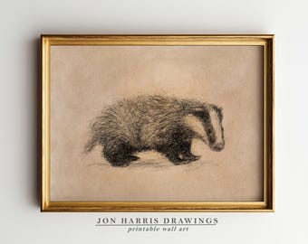 Vintage Badger Printable Wall Art: Pen & Ink Sketch (Digital Download) JSH-320