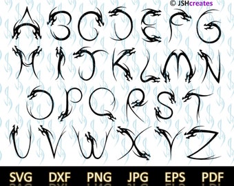 Tribal Dragon Alphabet SVG: Dragon Letters Clipart (digital