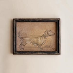 May include: A framed pencil sketch of a dachshund dog in profile. The artwork features a detailed drawing of the dog with shading and texture, set against a tan background. The frame is black with a distressed finish, adding a vintage feel.