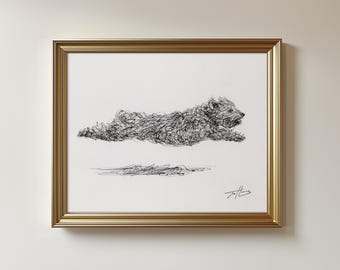 Original Flying Dog Pen Sketch: Terrier Scribble Drawing (Unframed) 8.5x11"