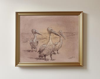 Original Pelicans Drawing - Biro Pen & Pastels, Unframed Sketch Art (8.5 x 11 inches)