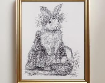 Original Easter Bunny Drawing: Vintage Rabbit Sketch Art, Unframed (8.5x11")