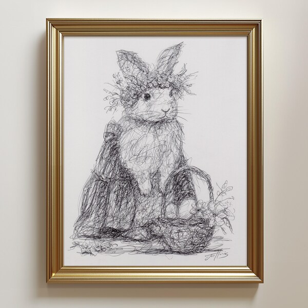 Original Easter Bunny Drawing: Vintage Rabbit Sketch Art, Unframed (8.5x11")