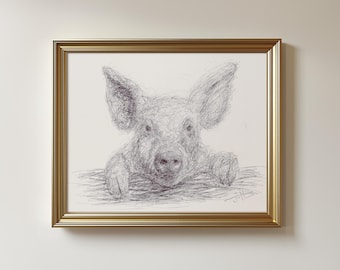 Dibujo original de un cerdo/lechón con bolígrafo: boceto sin marco (21,5 x 28 cm)