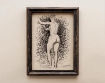 Original Vintage Figure Drawing Sketch: Classic Nude Art, Charcoal Pencil (Unframed - 5x7)