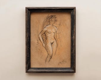 Original Minimal Figure Drawing Sketch: Vintage Nude Art, Charcoal Pencil & Pastel (Unframed - 5x7)