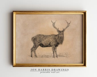 Vintage Reindeer Sketch Print: Country Wall Art Decor (Digital Download Printable) JSH-328