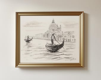 Original Venice Sketch Art: Grand Canal Italy Drawing, Charcoal & Graphite, 8.5x11"