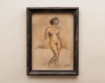 Original Figure Drawing Sketch: Vintage Nude Art, Charcoal Pencil & Pastel (Unframed - 5x7)