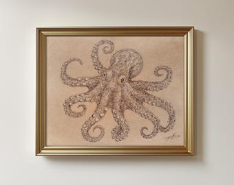 Original Octopus Drawing: Minimal Pen & Pastels Sketch, Unframed - 8.5x11"