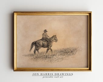 Printable Vintage Western Cowboy Sketch: Biro Pen Drawing (Digital Download) JSH-402
