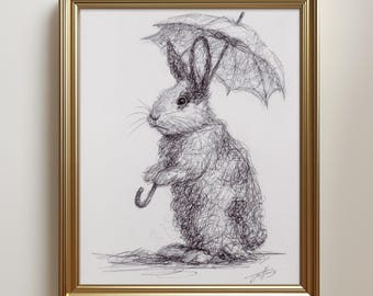 Original Bunny Rabbit Drawing Sketch: Biro Pen Art, Unframed (8.5x11")