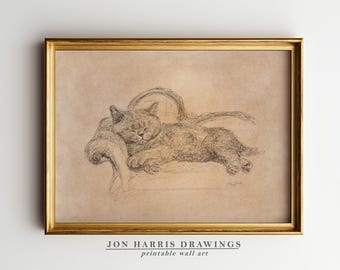 Vintage Cat Sleeping Sketch Print: Rustic Country Wall Art (Digital Download)