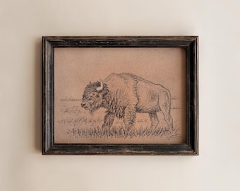Original American Bison Drawing Sketch: Buffalo Farmhouse Decor, Charcoal & Pastel (Unframed - 5x7)