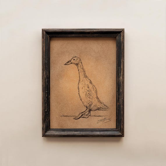 Original Duck Drawing Sketch: Vintage Minimal Outline Art, Charcoal Pencil (Unframed - 5x7)