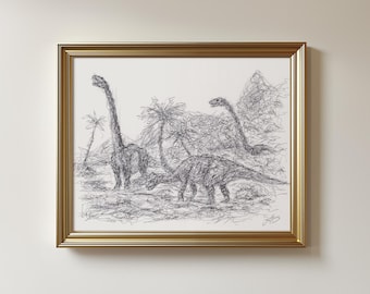 Original Dinosaurs Drawing - Pen & Ink Unframed Sketch Art (8.5 x 11 inches)