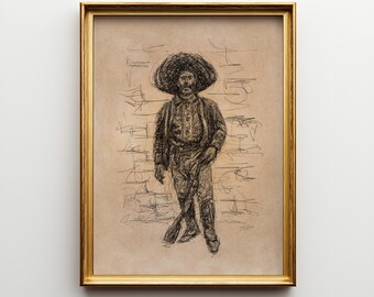 Vintage Mexican Cowboy Sketch Print: Revolutionary Soldier Art (Digital Download) JSH-306