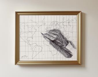 Original World Map Pen Drawing: Writing Hand & Feather Pen Art, Unframed (8.5x11 Inches)