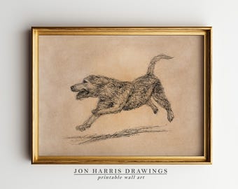 Vintage Running Dog Print: Terrier Drawing Sketch, Biro Pen Artwork, Dog Lover Gift - JSH-156