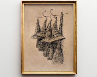 Vintage Witch Broom and Hats Sketch Print: Autumn Farmhouse Wall Art (Printable Digital Download) JSH-170