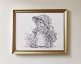 Original Rabbit in a Hat Drawing: Bunny and Flowers, Unframed Pen Art (8.5x11")