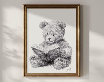 Original Cute Teddy Bear Drawing - Pen & Ink Unframed Sketch Art (8.5 x 11 inches)