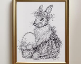 Original Easter Bunny Drawing: Rabbit Biro Pen Sketch Art, Unframed (8.5x11")