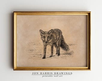 Fox Printable Wall Art: Vintage Pen & Ink Sketch on Textured Background (Digital Download) JSH-274