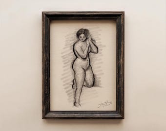 Original Minimal Figure Drawing Sketch: Vintage Nude Art, Charcoal Pencil (Unframed - 5x7)