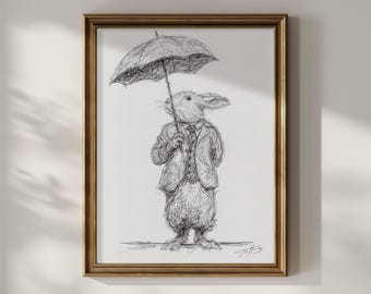 Original Gentleman Rabbit Drawing Sketch: Biro Pen Art, Unframed (8.5x11")