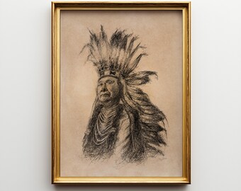 Vintage Chief Native American Indian Sketch Print: Pen & Ink Wall Art (Digital Download) JSH-282